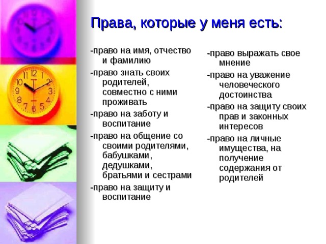 Права, которые у меня есть: -право на имя, отчество и фамилию -право знать своих родителей, совместно с ними проживать -право на заботу и воспитание -право на общение со своими родителями, бабушками, дедушками, братьями и сестрами -право на защиту и воспитание -право выражать свое мнение -право на уважение человеческого достоинства -право на защиту своих прав и законных интересов -право на личные имущества, на получение содержания от родителей 