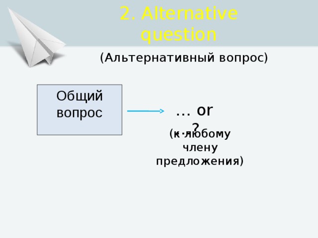 2. Alternative question  (Альтернативный вопрос) Общий вопрос … or …? (к любому члену предложения) 
