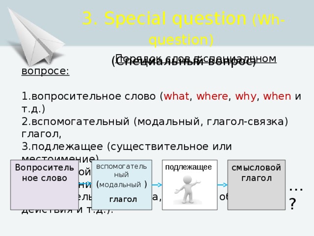 3. Special question (Wh-question)  (Специальный вопрос)  Порядок слов в специальном вопросе:  1.вопросительное слово ( what , where , why , when и т.д.)   2.вспомогательный (модальный, глагол-связка) глагол,   3.подлежащее (существительное или местоимение),   4.смысловой глагол,   5.дополнения,   6.обстоятельства (места, времени, образа действия и т.д.).    вспомогательный ( модальный ) смысловой глагол подлежащее Вопросительное слово  глагол … ? 