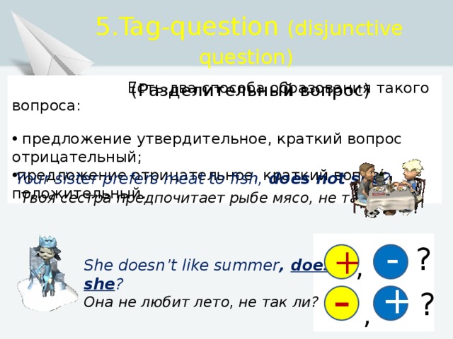5.Tag-question  (disjunctive question)   (Разделительный вопрос)  Есть два способа образования такого вопроса:  предложение утвердительное, краткий вопрос отрицательный; предложение отрицательное, краткий вопрос положительный. Your sister prefers meat to fish, does not she ?  Твоя сестра предпочитает рыбе мясо, не так ли?  - + ?  + , She doesn’t like summer , does she ? Она не любит лето, не так ли? - ? , 