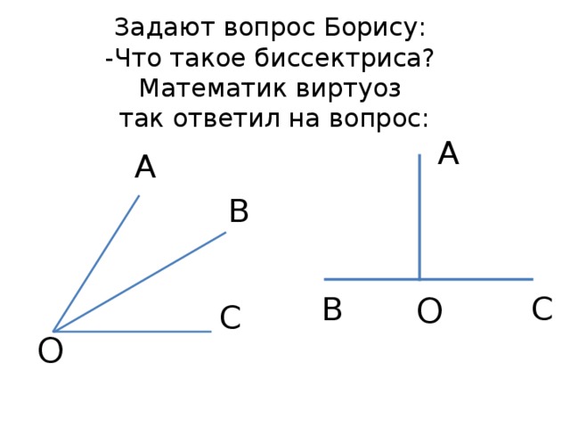 Задают вопрос Борису:  -Что такое биссектриса?  Математик виртуоз  так ответил на вопрос: А А В В О С С О 