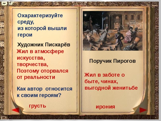Охарактеризуйте среду, из которой вышли герои Художник Пискарёв Жил в атмосфере искусства, творчества, Поэтому оторвался от реальности Поручик Пирогов Жил в заботе о быте, чинах, выгодной женитьбе Как автор относится к своим героям? грусть ирония 