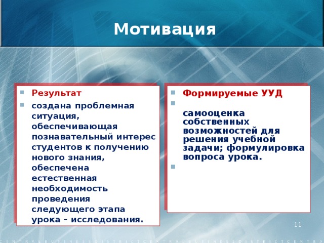 Мотивация Результат создана проблемная ситуация, обеспечивающая познавательный интерес студентов к получению нового знания, обеспечена естественная необходимость проведения следующего этапа урока – исследования. Формируемые УУД  самооценка собственных возможностей для решения учебной задачи; формулировка вопроса урока.  