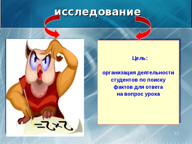 исследование   Цель:  организация деятельности студентов по поиску фактов для ответа на вопрос урока    