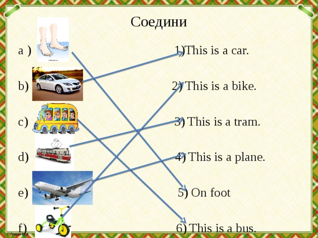 Соедини   a ) 1)This is a car. b) 2) This is a bike. c) 3) This is a tram. d) 4) This is a plane. e) 5) On foot f) 6) This is a bus. 