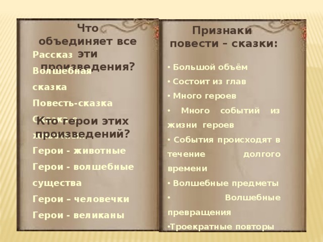 Признаки повести. Признаки сказки и повести. Признаки сказочной повести. Признаки сказки и рассказа. Сказочная повесть Жанр.