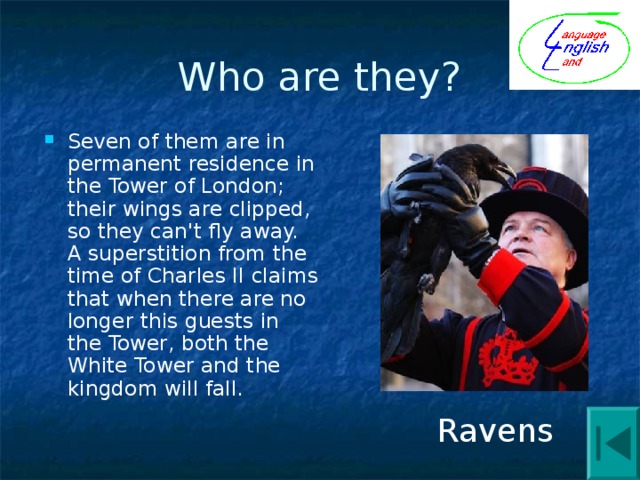 Who are they? Seven of them are in permanent residence in the Tower of London; their wings are clipped, so they can't fly away. A superstition from the time of Charles II claims that when there are no longer this guests in the Tower, both the White Tower and the kingdom will fall. Ravens  