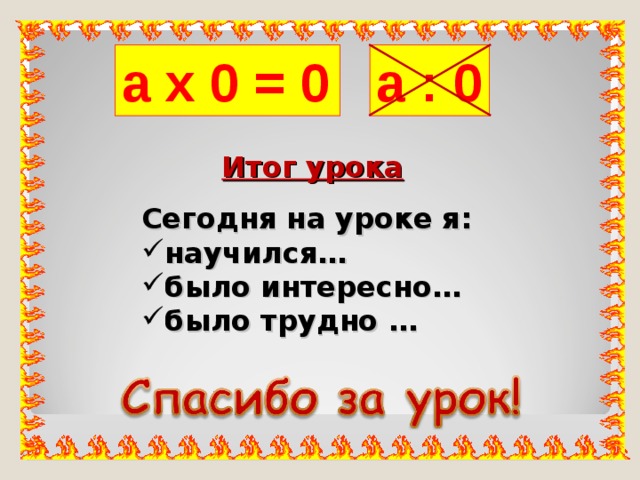 а : 0 а х 0 = 0 Итог урока Сегодня на уроке я: научился… было интересно… было трудно … 