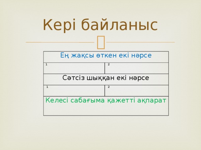 Кері байланыс Ең жақсы өткен екі нәрсе  1  2 Сәтсіз шыққан екі нәрсе  1  2 Келесі сабағыма қажетті ақпарат 