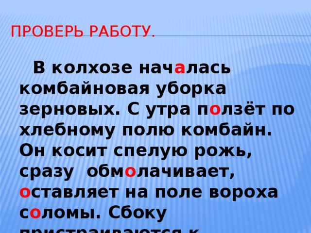 Проверь работу.  В колхозе нач а лась комбайновая уборка зерновых. С утра п о лзёт по хлебному полю комбайн. Он косит спелую рожь, сразу обм о лачивает, о ставляет на поле вороха с о ломы. Сбоку пристраиваются к к о мбайну груз о вики, забирают з е рно. 