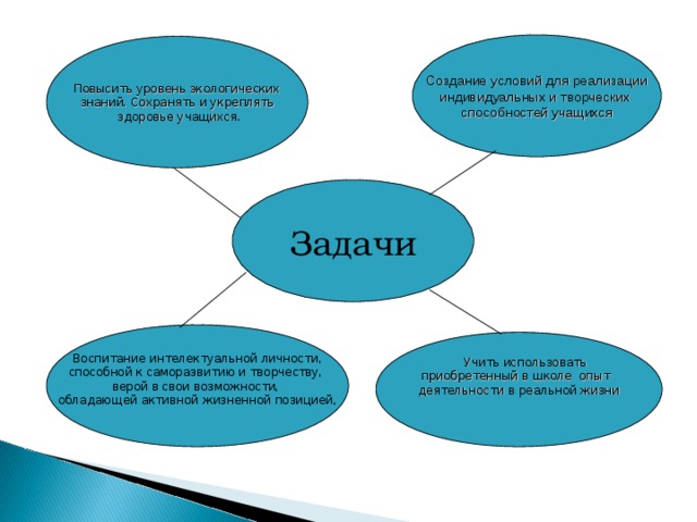 Создание условий для реализации индивидуальных и творческих способностей учащихся  Повысить уровень экологических знаний. Сохранять и укреплять  здоровье учащихся. Задачи Воспитание интелектуальной личности, способной к саморазвитию и творчеству, верой в свои возможности, обладающей активной жизненной позицией,  Учить использовать приобретенный в школе опыт деятельности в реальной жизни  