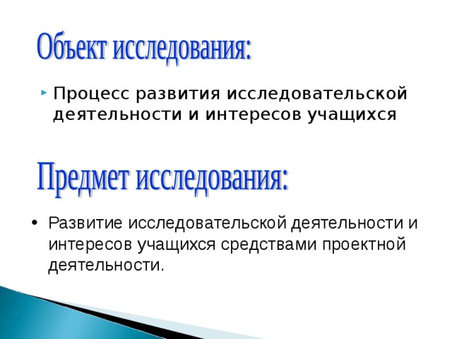 Процесс развития исследовательской деятельности и интересов учащихся Развитие исследовательской деятельности и интересов учащихся средствами проектной деятельности.  