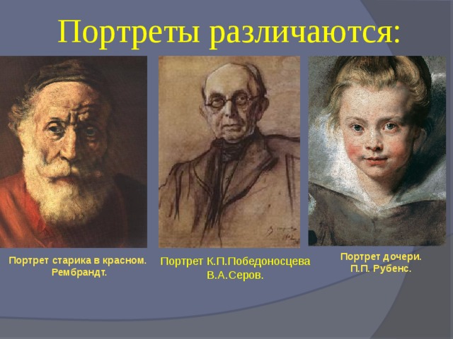 Портреты различаются: Портрет дочери. П.П. Рубенс. Портрет старика в красном. Портрет К.П.Победоносцева Рембрандт. В.А.Серов. 