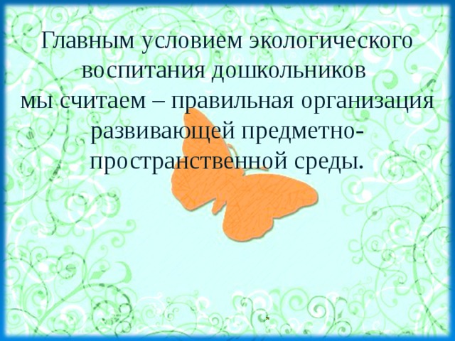 Главным условием экологического воспитания дошкольников  мы считаем – правильная организация развивающей предметно- пространственной среды. 