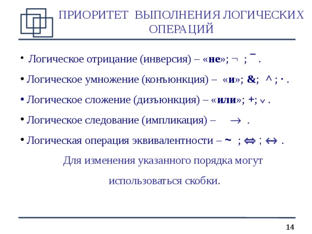 ПРИОРИТЕТ ВЫПОЛНЕНИЯ ЛОГИЧЕСКИХ ОПЕРАЦИЙ   Логическое отрицание (инверсия) – « не »;  ¬  ; ¯  .  Логическое умножение (конъюнкция) – « и »; & ;  ^ ; ∙  .  Логическое сложение (дизъюнкция) – « или »; + ;   .  Логическое следование (импликация) –    Логическая операция эквивалентности – ~ ;   ;   . Для изменения указанного порядка могут  использоваться скобки.  