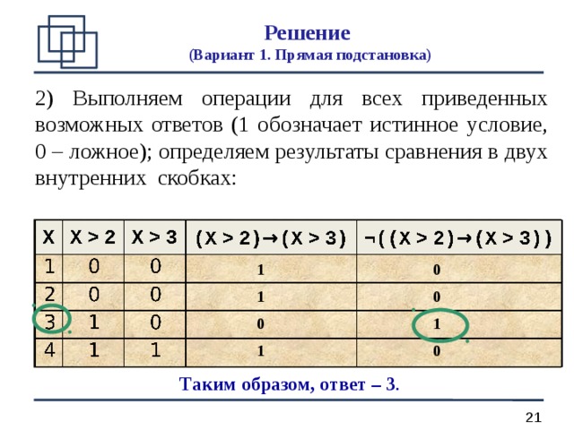 Решение  (Вариант 1. Прямая подстановка) 2) Выполняем операции для всех приведенных возможных ответов (1 обозначает истинное условие, 0 – ложное); определяем результаты сравнения в двух внутренних скобках:  1 0 1 0 0 1 1 0 Таким образом, ответ – 3 . 