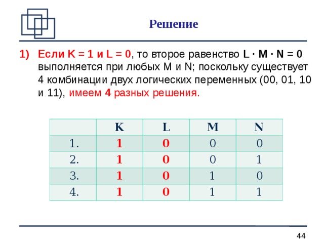 Решение Если K = 1 и L = 0 , то второе равенство L · M · N = 0  выполняется при любых М и N; поскольку существует 4 комбинации двух логических переменных (00, 01, 10 и 11), имеем 4 разных решения. 1. 1. K 2. 2. L 1 3. 3. 0 1 М 1 N 0 4. 4. 0 0 0 0 1 1 1 0 0 1 1 