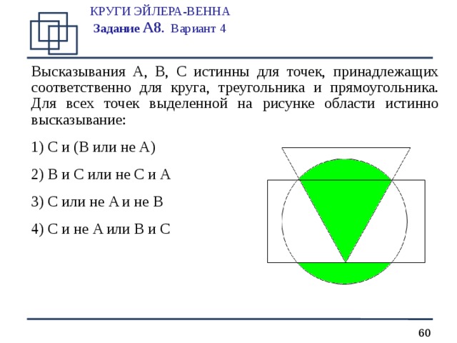КРУГИ ЭЙЛЕРА-ВЕННА  Задание А 8 .  Вариант 4   Высказывания A, B, C истинны для точек, принадлежащих соответственно для круга, треугольника и прямоугольника. Для всех точек выделенной на рисунке области истинно высказывание:  C и ( B или не A )  B и C или не C и A  C или не A и не B  C и не A или B и C   