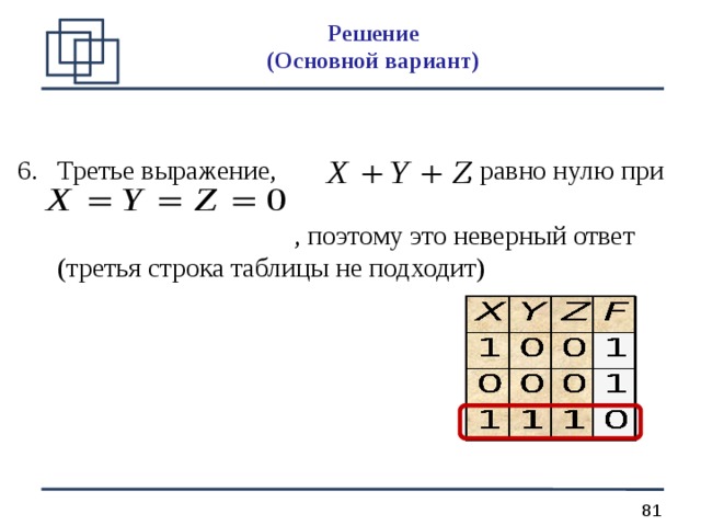 Решение  (О сновной вариант ) Третье выражение, , равно нулю при  , поэтому это неверный ответ (третья строка таблицы не подходит)  
