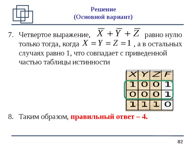 Решение  (О сновной вариант ) Четвертое выражение, равно нулю только тогда, когда , а в остальных случаях равно 1, что совпадает с приведенной частью таблицы истинности   Таким образом, правильный ответ – 4.  
