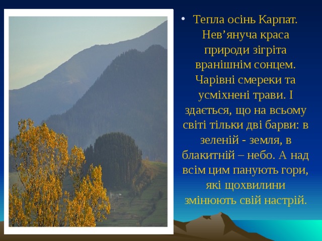 Тепла осінь Карпат. Нев’януча краса природи зігріта вранішнім сонцем. Чарівні cмереки та усміхнені трави. І здається, що на всьому світі тільки дві барви: в зеленій - земля, в блакитній – небо. А над всім цим панують гори, які щохвилини змінюють свій настрій. 