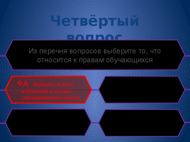Четвёртый вопрос Из перечня вопросов выберите то, что относится к правам обучающихся A: Избирать и быть избранным в органы самоуправления школы 