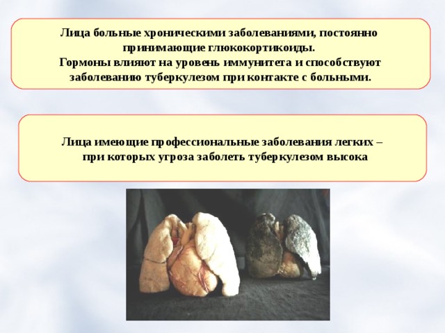 Лица больные хроническими заболеваниями, постоянно принимающие глюкокортикоиды. Гормоны влияют на уровень иммунитета и способствуют  заболеванию туберкулезом при контакте с больными. Лица имеющие профессиональные заболевания легких –  при которых угроза заболеть туберкулезом высока 