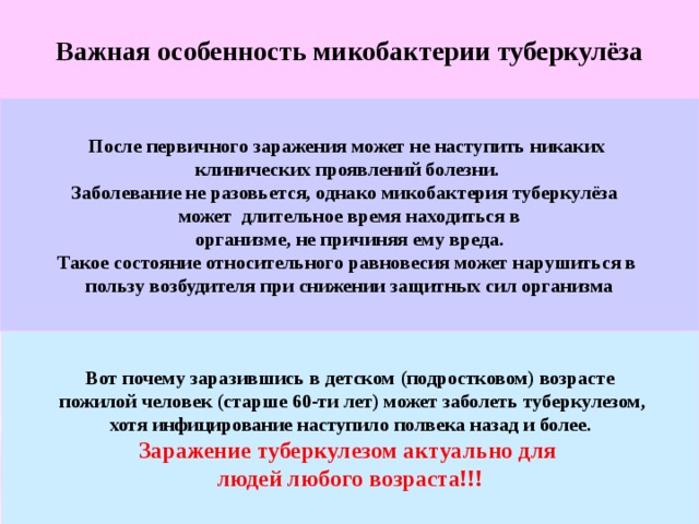 Важная особенность микобактерии туберкулёза После первичного заражения может не наступить никаких клинических проявлений болезни. Заболевание не разовьется, однако микобактерия туберкулёза может длительное время находиться в  организме, не причиняя ему вреда. Такое состояние относительного равновесия может нарушиться в пользу возбудителя при снижении защитных сил организма Вот почему заразившись в детском (подростковом) возрасте  пожилой человек (старше 60-ти лет) может заболеть туберкулезом,  хотя инфицирование наступило полвека назад и более. Заражение туберкулезом актуально для людей любого возраста!!! 