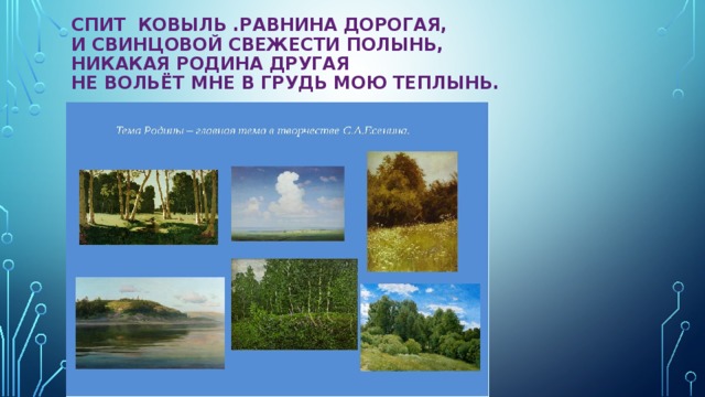 Спит ковыль .Равнина дорогая,  и свинцовой свежести полынь,  никакая родина другая  не вольёт мне в грудь мою теплынь.   