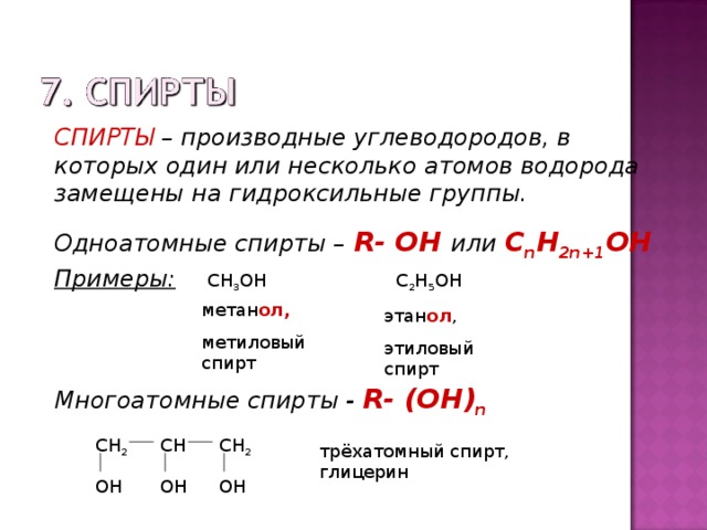 СПИРТЫ – производные углеводородов, в которых один или несколько атомов водорода замещены на гидроксильные группы. Одноатомные спирты – R- OH или C n H 2n+1 OH Примеры: CH 3 OH С 2 Н 5 ОН метан ол, метиловый спирт этан ол , этиловый спирт Многоатомные спирты - R- ( OH ) n  CH CH 2 CH 2 трёхатомный спирт, глицерин OH OH OH 