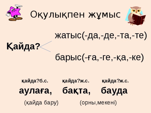 Оқулықпен жұмыс  жатыс(-да,-де,-та,-те) Қайда?  барыс(-ға,-ге,-қа,-ке)   қайда?б.с. қайда?ж.с. қайда?ж.с.  аулаға, бақта, бауда  (қайда бару) (орны,мекені) 