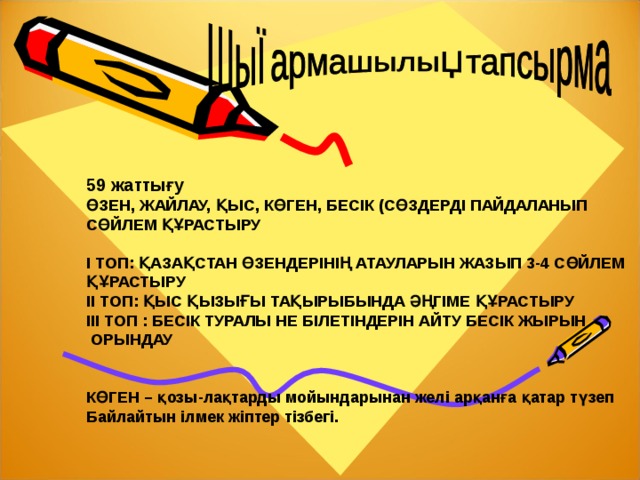59 жаттығу ӨЗЕН, ЖАЙЛАУ, ҚЫС, КӨГЕН, БЕСІК (СӨЗДЕРДІ ПАЙДАЛАНЫП СӨЙЛЕМ ҚҰРАСТЫРУ  І ТОП: ҚАЗАҚСТАН ӨЗЕНДЕРІНІҢ АТАУЛАРЫН ЖАЗЫП 3-4 СӨЙЛЕМ ҚҰРАСТЫРУ ІІ ТОП: ҚЫС ҚЫЗЫҒЫ ТАҚЫРЫБЫНДА ӘҢГІМЕ ҚҰРАСТЫРУ ІІІ ТОП : БЕСІК ТУРАЛЫ НЕ БІЛЕТІНДЕРІН АЙТУ БЕСІК ЖЫРЫН  ОРЫНДАУ   КӨГЕН – қозы-лақтарды мойындарынан желі арқанға қатар түзеп Байлайтын ілмек жіптер тізбегі. 