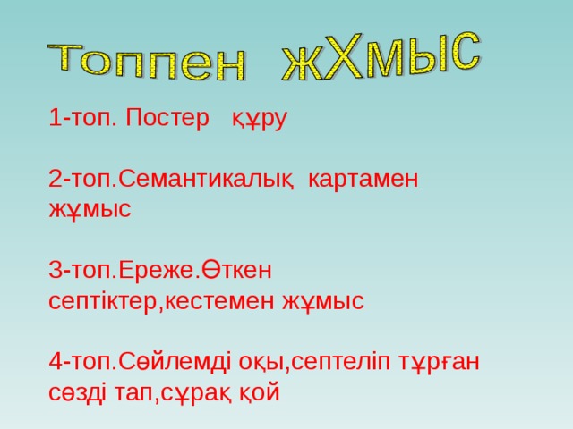 1-топ. Постер құру 2-топ.Семантикалық картамен жұмыс 3-топ.Ереже.Өткен септіктер,кестемен жұмыс 4-топ.Сөйлемді оқы,септеліп тұрған сөзді тап,сұрақ қой 