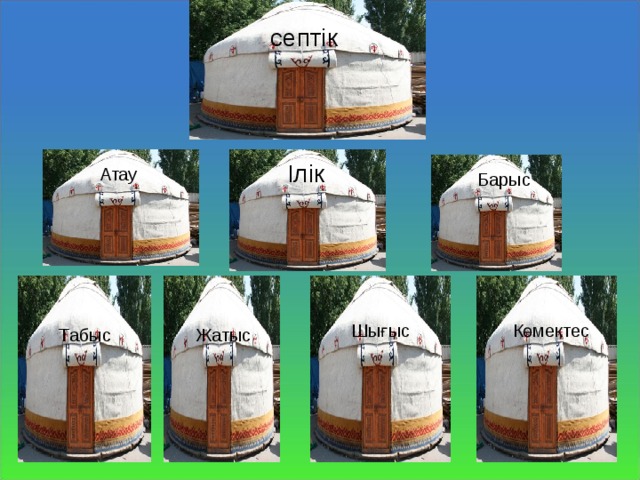  септік  Ілік  Атау  Барыс Шығыс  Көмектес  Табыс  Жатыс 