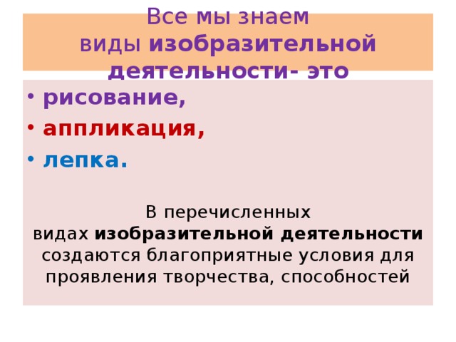 Все мы знаем виды  изобразительной деятельности- это рисование, аппликация, лепка. В перечисленных видах  изобразительной деятельности создаются благоприятные условия для проявления творчества, способностей 