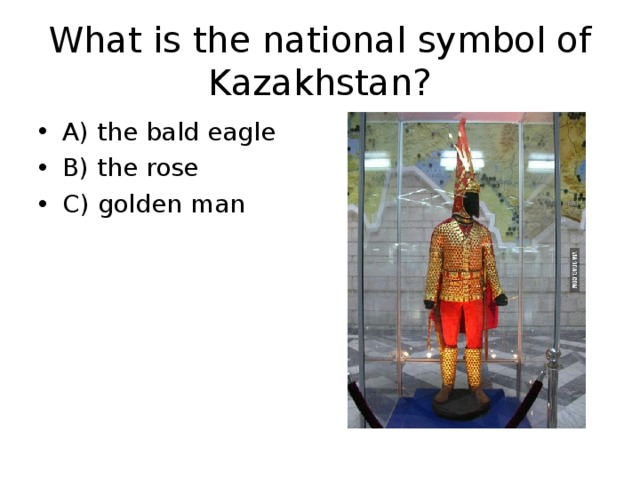 What is the national symbol of Kazakhstan? A) the bald eagle B) the rose C) golden man 