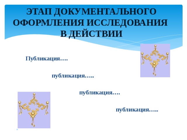 ЭТАП ДОКУМЕНТАЛЬНОГО ОФОРМЛЕНИЯ ИССЛЕДОВАНИЯ  В ДЕЙСТВИИ   Публикация….   публикация…..   публикация….   публикация…..     