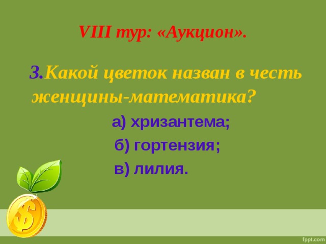 VIII тур: «Аукцион».  3. Какой цветок назван в честь женщины-математика?  а) хризантема;  б) гортензия;  в) лилия.