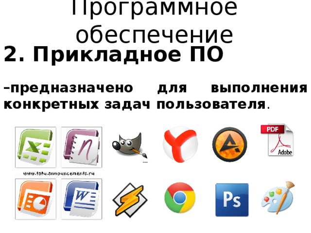 Программное обеспечение 2. Прикладное ПО – предназначено для выполнения конкретных задач пользователя . 