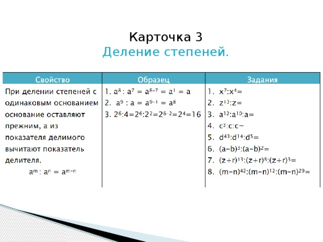 Карточка 3 Деление степеней. 