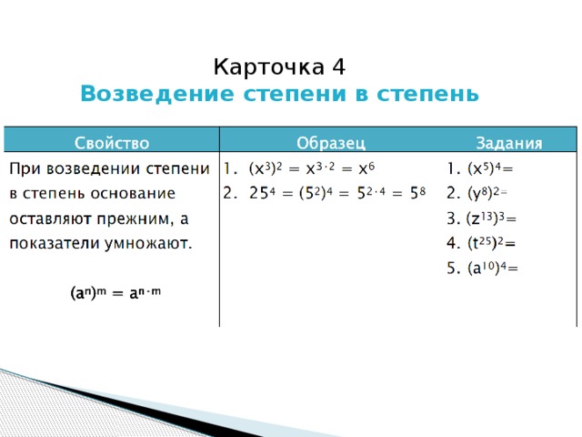 Карточка 4 Возведение степени в степень 