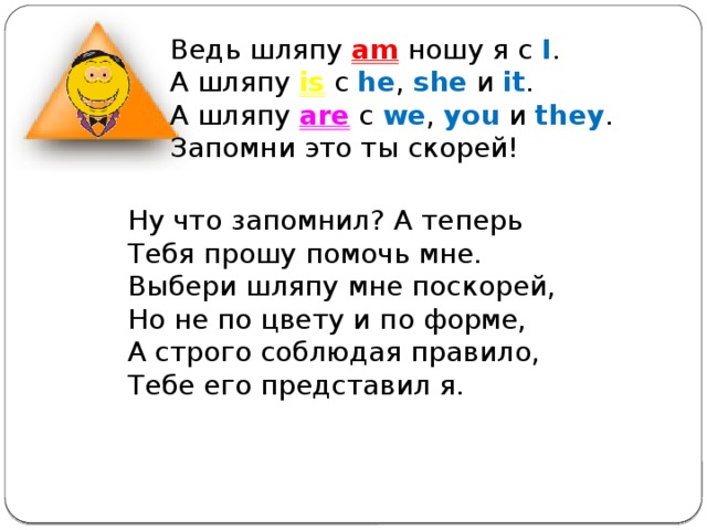 Ведь шляпу am ношу я с I . А шляпу is с he , she и it . А шляпу are с we , you и they . Запомни это ты скорей! Ну что запомнил? А теперь Тебя прошу помочь мне. Выбери шляпу мне поскорей, Но не по цвету и по форме, А строго соблюдая правило, Тебе его представил я. 