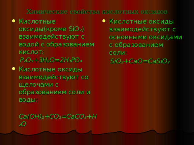 Химические свойства кислотных оксидов Кислотные оксиды(кроме SiO 2 ) взаимодействуют с водой с образованием кислот: Кислотные оксиды взаимодействуют с основными оксидами с образованием соли:  Р 2 О 5 +3Н 2 О=2Н 3 РО 4  SiO 2 +CaO=CaSiO 3 Кислотные оксиды взаимодействуют со щелочами с образованием соли и воды:  Са(ОН) 2 +СО 2 =СаСО 3 +Н 2 О