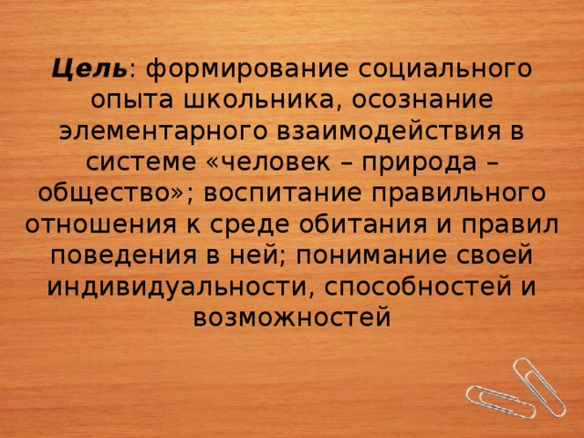 Цель : формирование социального опыта школьника, осознание элементарного взаимодействия в системе «человек – природа – общество»; воспитание правильного отношения к среде обитания и правил поведения в ней; понимание своей индивидуальности, способностей и возможностей 