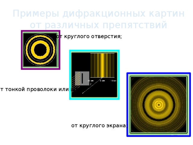 Дифракционные картины получаемые для синего и желтого цветов одинаковые