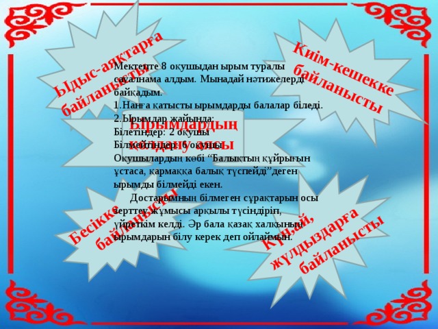  Ыдыс-аяқтарға байланысты  Киім-кешекке байланысты  Бесікке байланысты  Күн,ай, жүлдыздарға байланысты Мектепте 8 оқушыдан ырым туралы сауалнама алдым. Мынадай нәтижелерді байқадым. Нанға қатысты ырымдарды балалар біледі. Ырымдар жайында: Білетіндер: 2 оқушы Білмейтіндер: 6 оқушы Оқушылардың көбі “Балықтың құйрығын ұстаса, қармаққа балық түспейді”деген ырымды білмейді екен.  Достарымның білмеген сұрақтарын осы зерттеу жұмысы арқылы түсіндіріп, үйреткім келді. Әр бала қазақ халқының ырымдарын білу керек деп ойлаймын.  Ырымдардың  қолдану аясы 