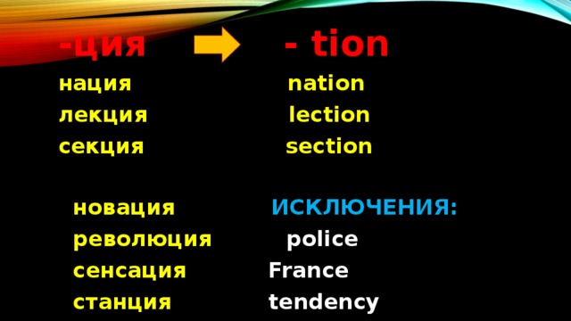 -ция - tion нация nation лекция lection cекция section   новация ИСКЛЮЧЕНИЯ:  революция police  сенсация France    станция tendency 