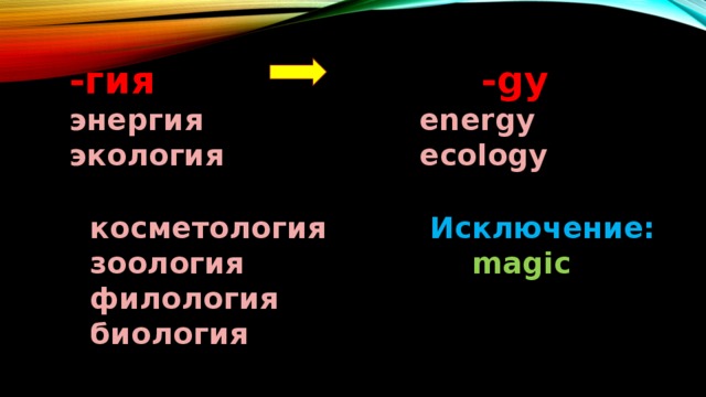 -гия - gy энергия energy экология ecology   косметология Исключение:  зоология magic  филология  биология 