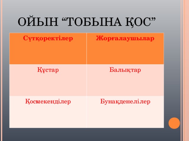 ОЙЫН “ТОБЫНА ҚОС” Сүтқоректілер Жорғалаушылар Құстар Балықтар Қосмекенділер Бунақденелілер 
