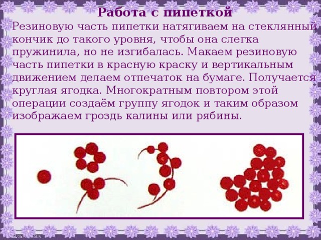 Работа с пипеткой Резиновую часть пипетки натягиваем на стеклянный кончик до такого уровня, чтобы она слегка пружинила, но не изгибалась. Макаем резиновую часть пипетки в красную краску и вертикальным движением делаем отпечаток на бумаге. Получается круглая ягодка. Многократным повтором этой операции создаём группу ягодок и таким образом изображаем гроздь калины или рябины. 